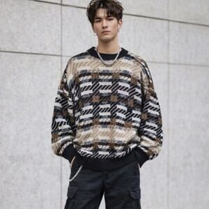 Vintage Sears Sweater Men's Size XL Brown Geometric Chunky Grandpa Retro Earthy